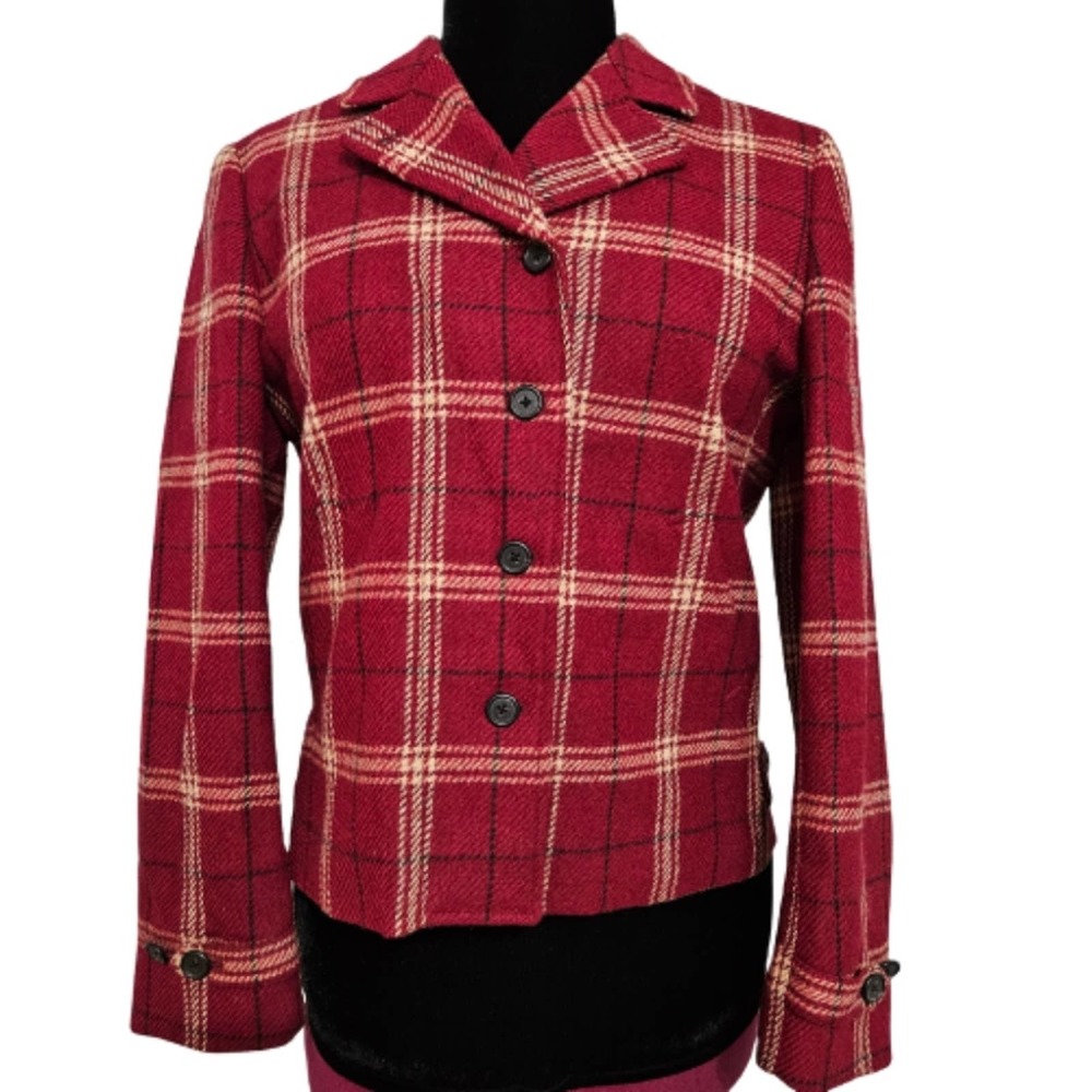 Lauren Ralph Lauren Plaid Zip and Button Closure Wool Red Cream and Black Blazer